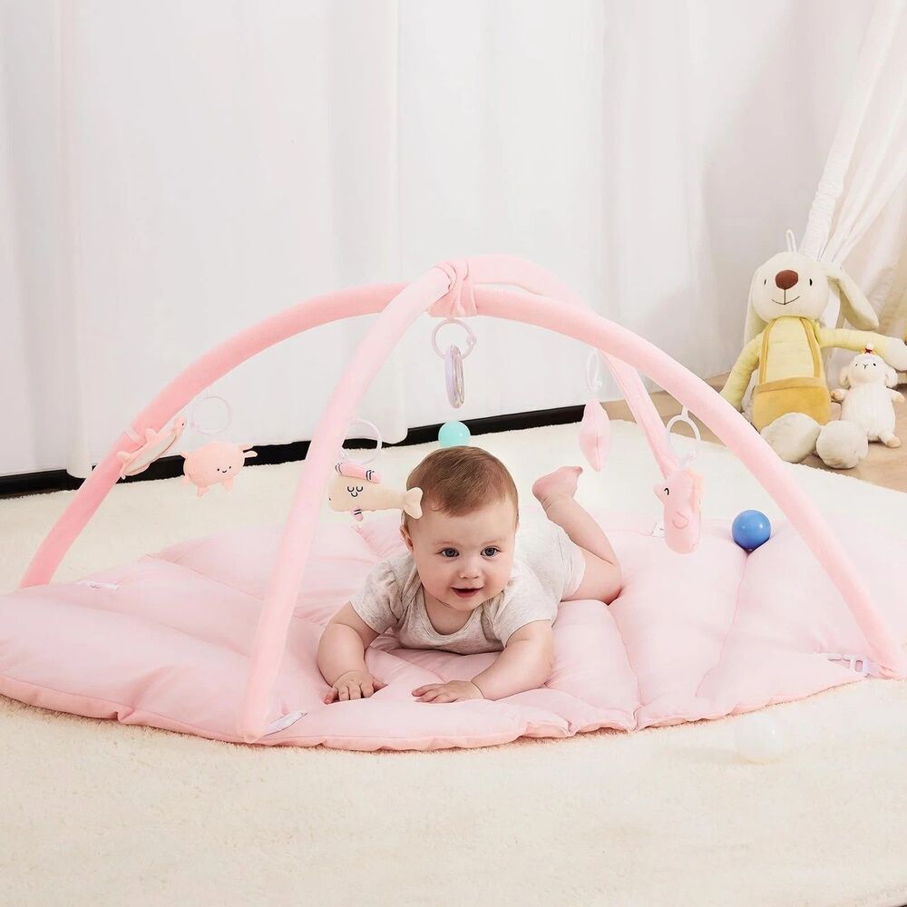 Angelbliss Baby Play Gym Mat Reversible Tummy Time Mat 5 Sensory Toys Girl Pink